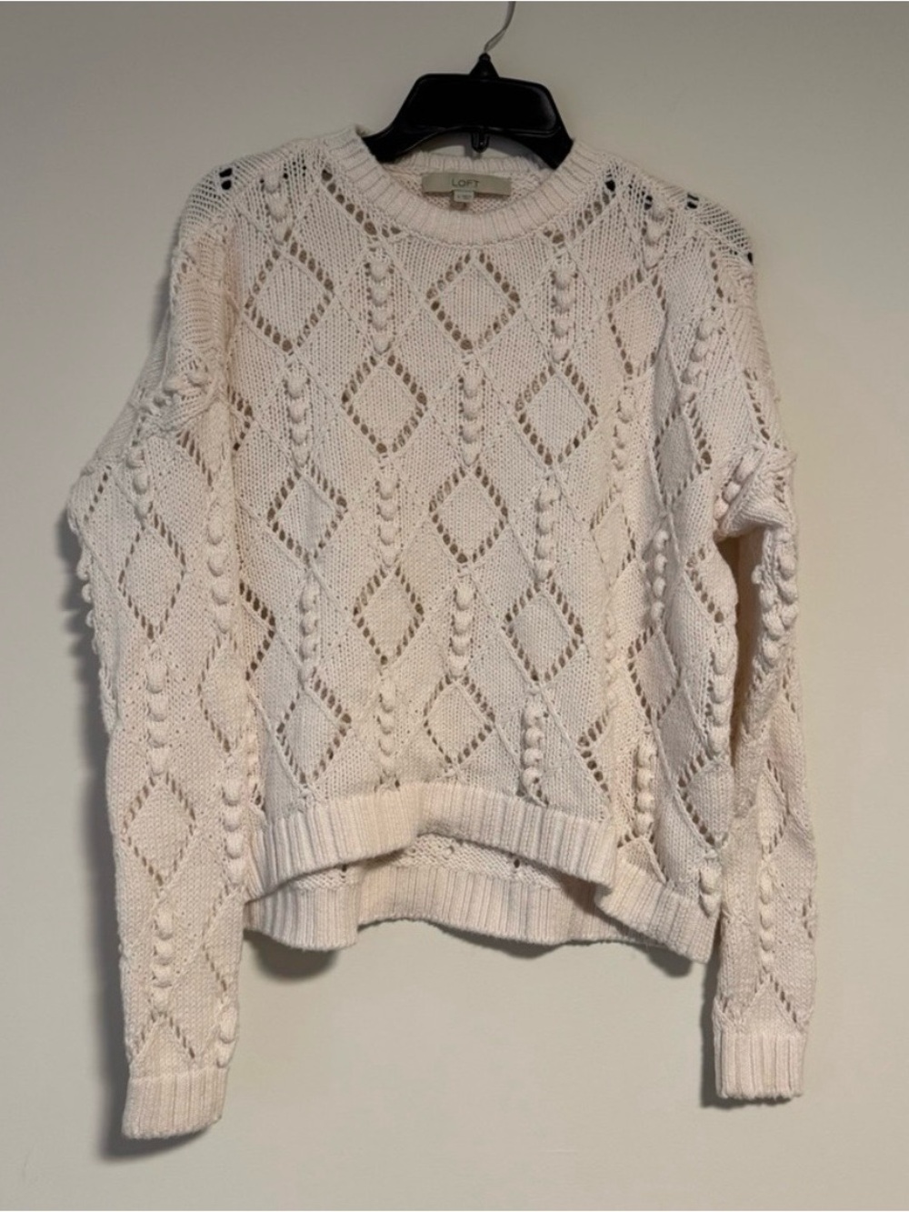 LOFT Cream Open-Stitch Diamond Cable Crewneck Sweater